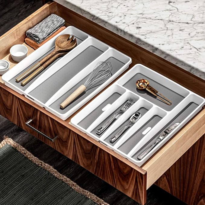 madesmart 3 Compartment Utensil Tray, Multi Purpose Storage Organizer, Non Slip Lining,Deep Storage for Ladles, Whisks & Serving Tools, for Drawers & Home Organization, White - Image 4