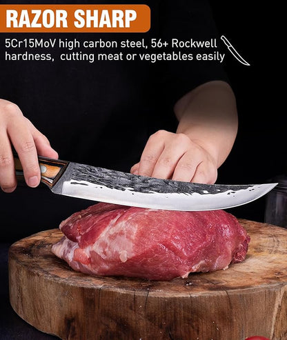 Naitesen 7PCS Hand Forged Butcher Knife and Kitchen Knife 2 in 1 Set with Roll Bag, Heavy Duty Meat Cleaver Serbian Chef Knife Breaking Knife Boning Knife for Meat Cutting BBQ Gifts for Men Women - Image 5
