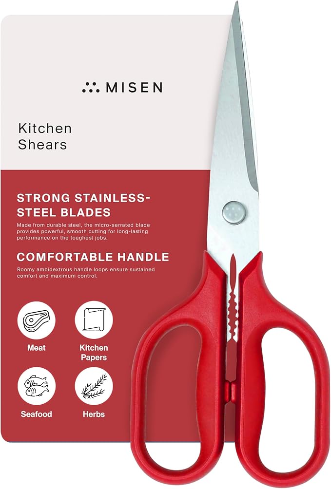 Misen Heavy Duty Kitchen Shears - Stainless Steel, Versatile and Easy Clean Scissors for Meat, Herbs and Veggies - Ambidextrous Comfort Handle - Professional Grade - Red by Misen