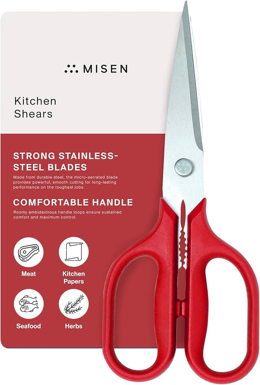 Misen Heavy Duty Kitchen Shears - Stainless Steel, Versatile and Easy Clean Scissors for Meat, Herbs and Veggies - Ambidextrous Comfort Handle - Professional Grade - Red by Misen