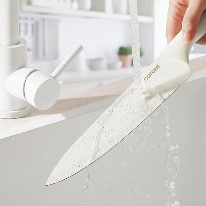 CAROTE 15Piece Knife Set, Kitchen Knife Block Set, Elegant White Ceramic-Coated Blades with Stylish Wooden Block for Modern Culinary Excellence - Image 7