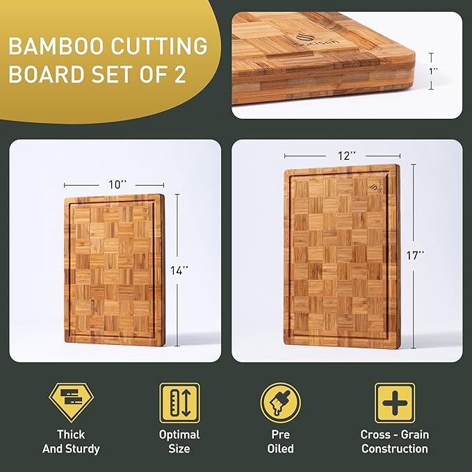 2 Pack Heavy Duty Bamboo Cutting Board Set Non Slip Over Sink Solid End Grain Thick Wood Chopping Board Extra Large Big Small Best Organic Hardwood Wooden Kitchen Essential New Home Housewarming Gift - Image 3