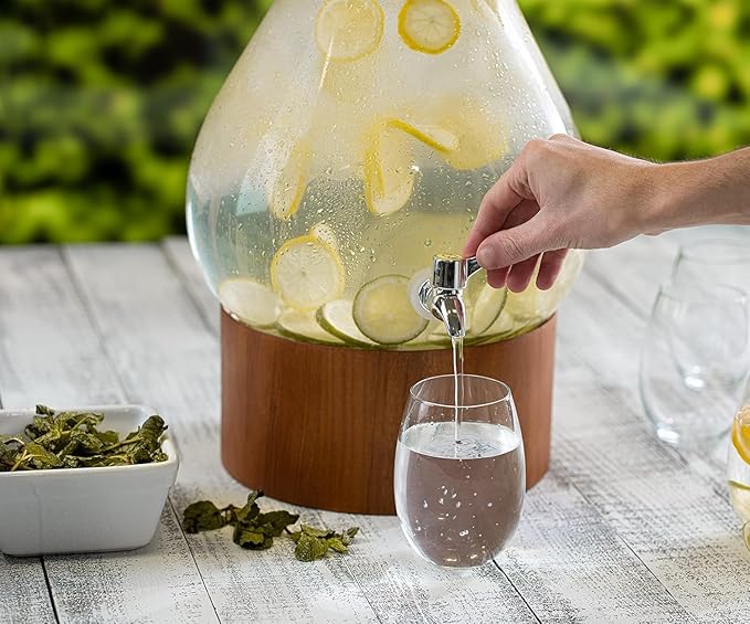 Classic Home Teardrop Clear Glass Ice Cold Beverage Drink Dispenser- 2.75 Gallon, With Cork Lid & Modern Wood Base Leak Proof Spigot- Wide Mouth Easy Filling For Outdoor, Parties & Daily Use - Image 5