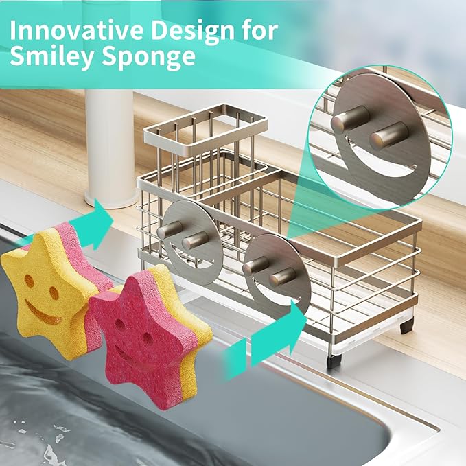 HapiRm Sink Caddy Sponge Holder - Self-draining Kitchen Sink Organizer with Smiley Face and Brush Holder, Stainless Steel Kitchen Sponge Caddy for Countertop - Brushed Nickel - Image 2