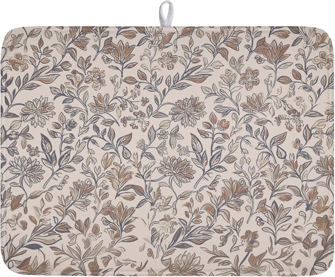 Vintage Floral Dish Drying Mat for Kitchen Counter Brown Antique Flower Microfiber Dish Drainer Mat Rustic Neutral Absorbent Washable Drying Pad Extra Large 18"x24"