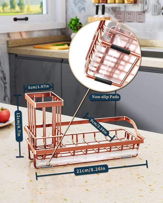 Consumest Sponge Holder for Kitchen Sink - Sink Caddy Kitchen Organizer with Removable Drip Tray for Countertop Dish Soap Dispenser Brush Storage Accessories 304 Stainless Steel, Rose Gold - Image 6