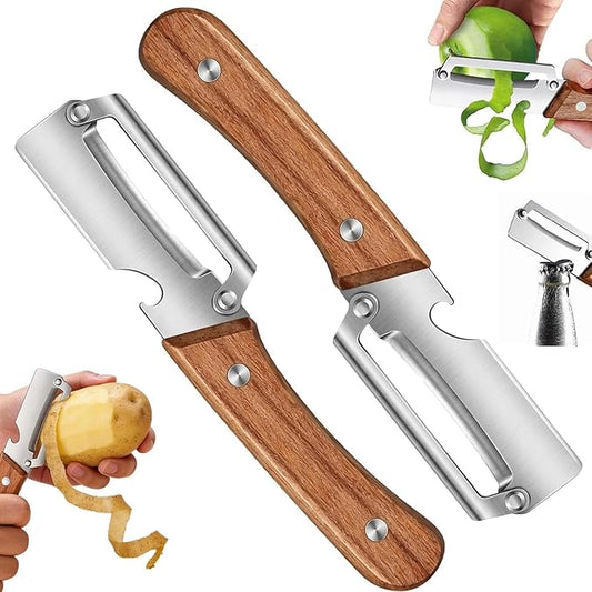 2PCS Multifunctional Vegetable Peeler, 2-in-1 Multifunctional Stainless Steel Peeler, Zero Snag Wooden Peeler, Potato Fruit Pumpkins Kitchen Peelers with Bottle Opener by Unknown