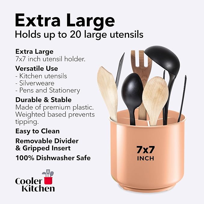 Cooler Kitchen Jumbo Rotating XL Peach Plastic Utensil Holder Caddy with Sturdy No-Tip Weighted Base, Removable Divider, and Gripped Insert - Dishwasher Safe Kitchen Utensil Holder for Countertop - Image 5