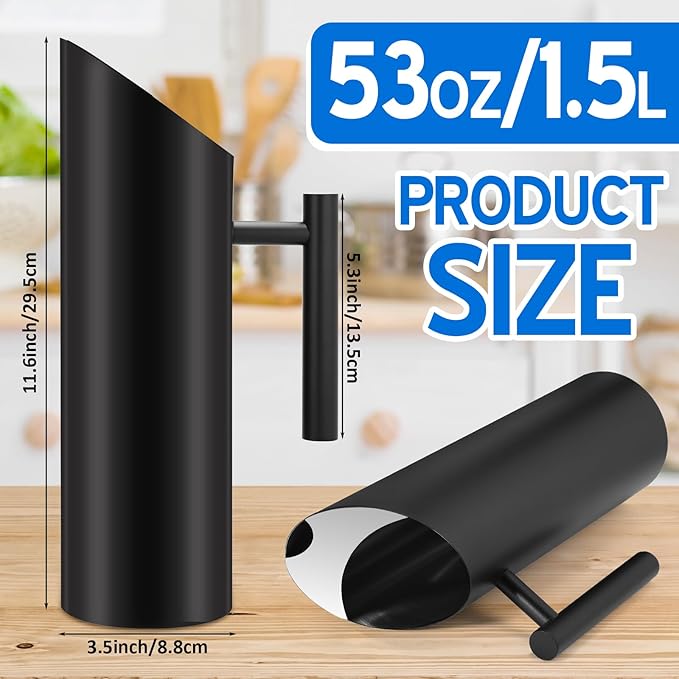 Funnymoom 3 Pack 53oz/1.5l Stainless Steel Water Pitcher Modern Metal Pitcher with Ice Guard Black Carafe Drink with Handle or Iced Hot Drink Tea Juice Coffee Beer - Image 2
