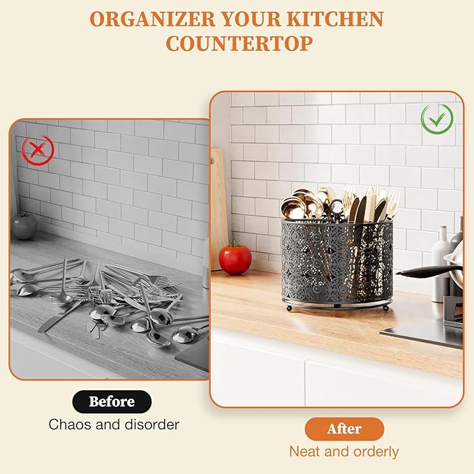 YIUKEA 360° Rotating Utensil Caddy Countertop - Cutlery Silverware Caddy Holder with 4 Compartment - Higher Raised Flatware Organizer with Handle for Party Kitchen Counter Office Black - Image 6