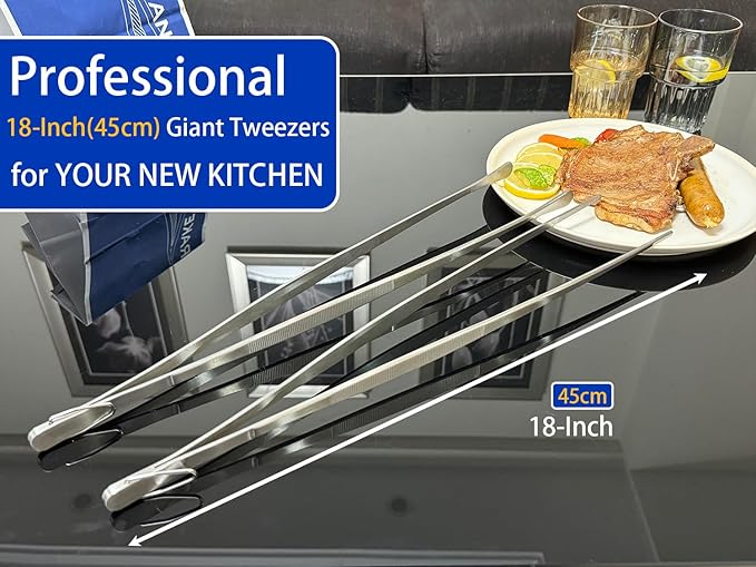 JETKONG 2 Pcs 18 Inch (45cm) Stainless Steel Grill Tongs Heavy Duty Giant Tweezer Tongs, Extra Large Tweezers Tools for Cooking, Grilling, BBQ and Turning Food (Silver) - Image 4