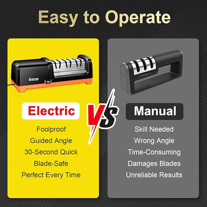 Knife Sharpener Electric for Kitchen Knives, with 100% Diamond Abrasives and Precision Angle Guides, 3-Stage Professional Automatic Quickly Sharpening/Polishing, Black/Orange - Image 8