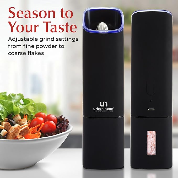Automatic Salt and Pepper Grinder Set - Rechargeable Electric Salt and Pepper Shakers with Adjustable Coarseness, LED Light, One-Handed Use, Gravity Salt Grinder and Electric Pepper Mill - Image 6