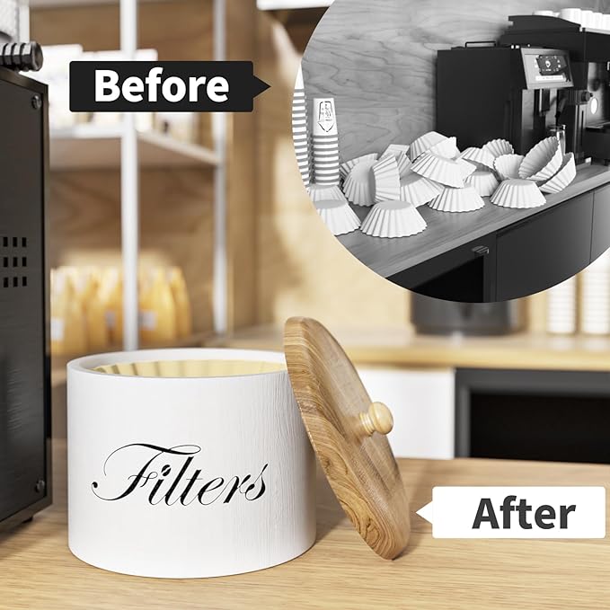 Wooden Coffee Filter Holder with Lid, Basket Storage Container for Counter, Black Small Bar Accessories for Coffee Bar Station(White Wooden) - Image 3