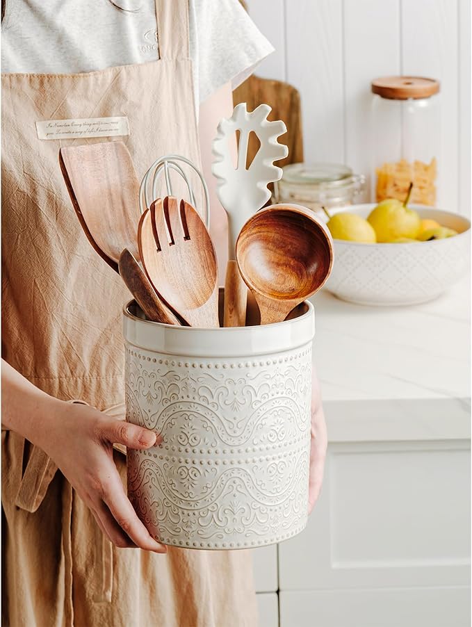 Kitchen Utensil Holder, 7 Inches Large Ceramic Utensil Holder for Countertop, Lace Emboss Cooking Utensil Crocks for Kitchen, Home Decor, Off-White - Image 5