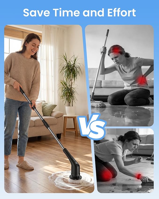 Leebein Electric Spin Scrubber, Cordless Cleaning Brush with 8 Replaceable Brush Heads, Tub and Floor Tile Power Scrubber Dual Speed with Adjustable & Detachable Handle for Bathroom Tub (All Black) - Image 3
