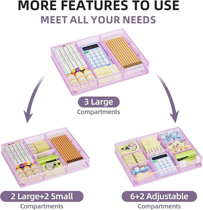 Marbrasse Desk Drawer Organizer, Metal Mesh Drawer Organizer Tray with 5 Adjustable Compartments,Desk Organizers and Accessories for Home,Office,Kitchen,Makeup,Vanity (Purple)
