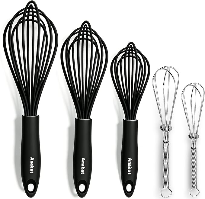 Anaeat Kitchen Whisk Set of 5, Perfect for Non-Stick Cookware, Egg Beater Milk ​Blender for Whisking, Cooking, Baking - 5"+7" Mini Wire Whisk and 9''+11''+12'' Silicone Balloon Whisks (Black) by Anaeat