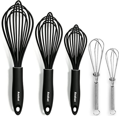 Anaeat Kitchen Whisk Set of 5, Perfect for Non-Stick Cookware, Egg Beater Milk ​Blender for Whisking, Cooking, Baking - 5"+7" Mini Wire Whisk and 9''+11''+12'' Silicone Balloon Whisks (Black) by Anaeat