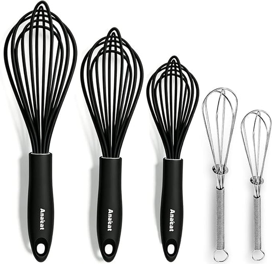 Anaeat Kitchen Whisk Set of 5, Perfect for Non-Stick Cookware, Egg Beater Milk ​Blender for Whisking, Cooking, Baking - 5"+7" Mini Wire Whisk and 9''+11''+12'' Silicone Balloon Whisks (Black) by Anaeat
