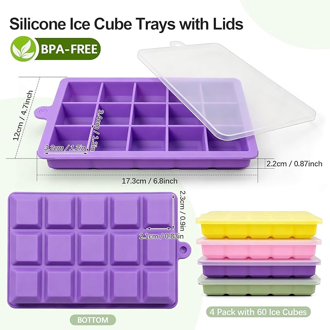 Silicone Ice Cube Trays with Lid, 4 Pack Easy Release Ice Cube Molds for Freezer, Stackable BPA Free Ice Trays for Whiskey, Cocktails, Coffee and Drinks