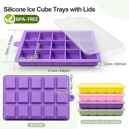 Silicone Ice Cube Trays with Lid, 4 Pack Easy Release Ice Cube Molds for Freezer, Stackable BPA Free Ice Trays for Whiskey, Cocktails, Coffee and Drinks