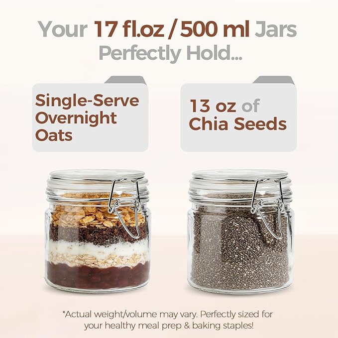 ComSaf 17oz Overnight Oats Containers with Lids 6-Pack, Wide Mouth Glass Jars for Meal Prep, 500ml Airtight Glass Canisters with Wire Clamp for Sourdough Starter, Fridge Pickling & Pantry Organization - Image 3