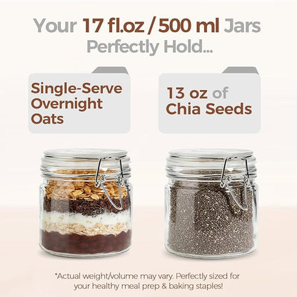 ComSaf 17oz Overnight Oats Containers with Lids 6-Pack, Wide Mouth Glass Jars for Meal Prep, 500ml Airtight Glass Canisters with Wire Clamp for Sourdough Starter, Fridge Pickling & Pantry Organization - Image 3