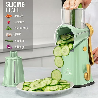 Zulay Kitchen Rotary Cheese Grater 5 Blade Cheese Shredder - Manual Hand Crank Cheese Grater With Reinforced Suction & 5 Interchangeable Drums - Easy to Use, Vegetable Chopper Round Mandoline Slicer - Image 5
