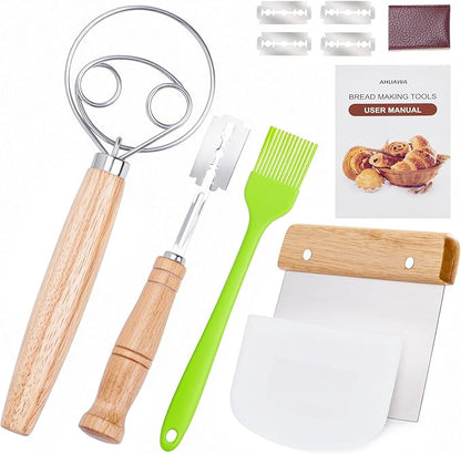Danish Dough Whisk with Sourdough Scoring Tool, Bread Making Tools and Baking Supplies - Dough Hook Dutch Whisk, Bread Lame, Bench Scraper & Pastry Brush by AHUAWA
