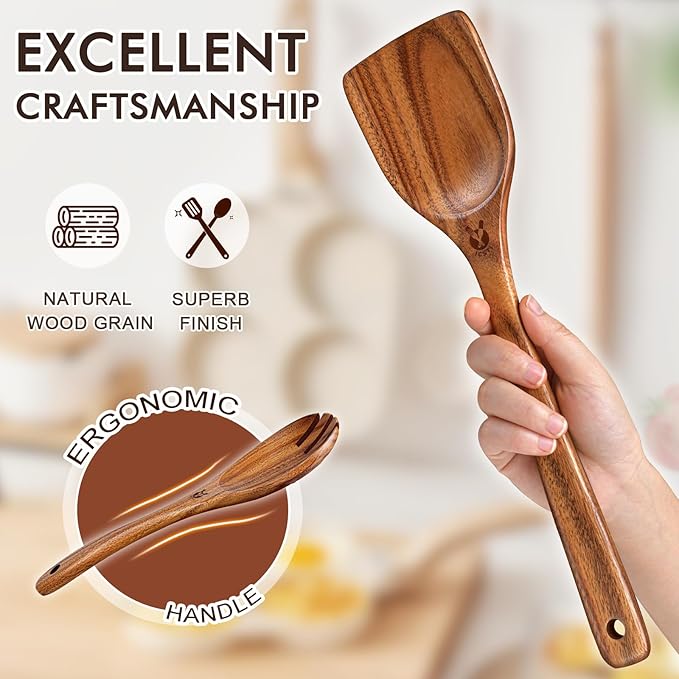 12 Pcs Teak Wooden Utensil Set with Holder & Spoon Rest, Wooden Spoons for Cooking with Comfort Grip, Wooden Cooking Utensils Set for Nonstick Cookware, Lightweight & Heat Resistant Kitchen Utensils - Image 5