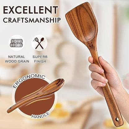 12 Pcs Teak Wooden Utensil Set with Holder & Spoon Rest, Wooden Spoons for Cooking with Comfort Grip, Wooden Cooking Utensils Set for Nonstick Cookware, Lightweight & Heat Resistant Kitchen Utensils - Image 5
