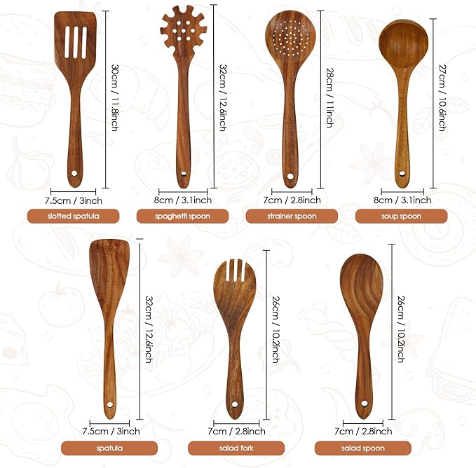 comfoyar Wooden Kitchen Cooking Utenails Set, 7 Pieces Natural Teak Wooden Spoons for Cooking with Spatula and Ladle, Heat Resistant Kitchen Cookware for Nonstick Pan - Image 2