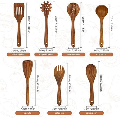 comfoyar Wooden Kitchen Cooking Utenails Set, 7 Pieces Natural Teak Wooden Spoons for Cooking with Spatula and Ladle, Heat Resistant Kitchen Cookware for Nonstick Pan - Image 2