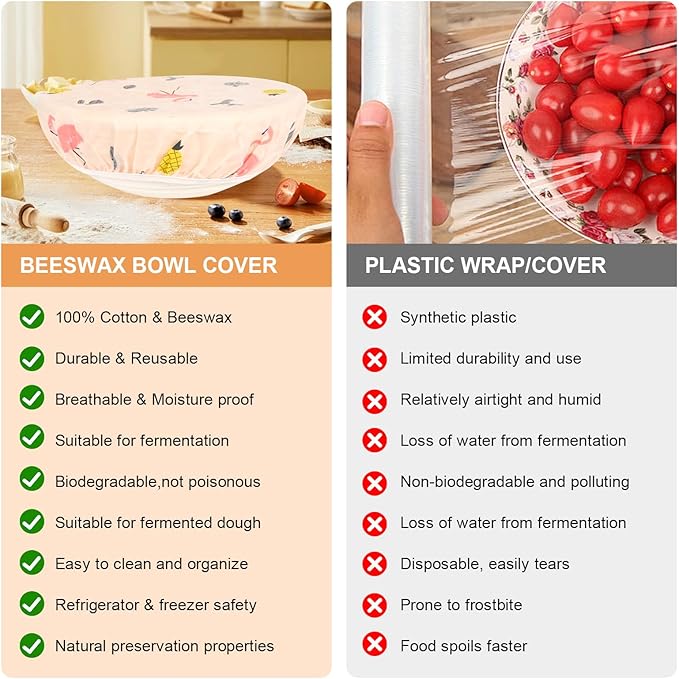 Reusable Bowl Covers for Bread Proofing（2 Large）- Cotton Beeswax Bowl Covers Reusable with Elastic Rim, Sourdough Bowl Cover for Food Storage and Food Preservation (10INCH) (flamingos)
