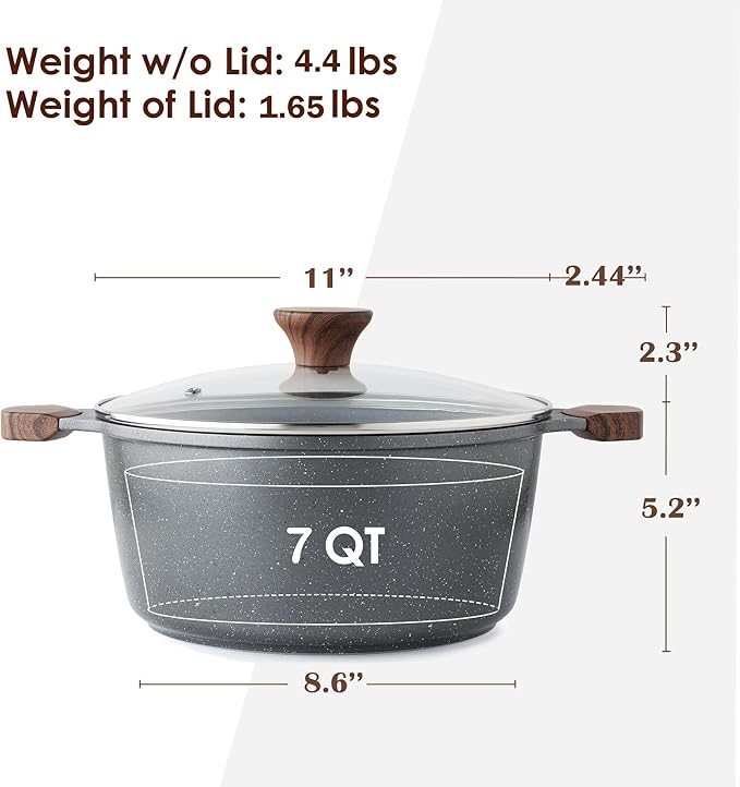 SENSARTE Nonstick Stock Pot with Lid, 7 Qt Induction Cooking Pot with Tempered Glass Lid, Stew Pot with Swiss Nonstick Granite Coating, Pasta Casserole, PFOA PFOS APEO Free, Gray - Image 3
