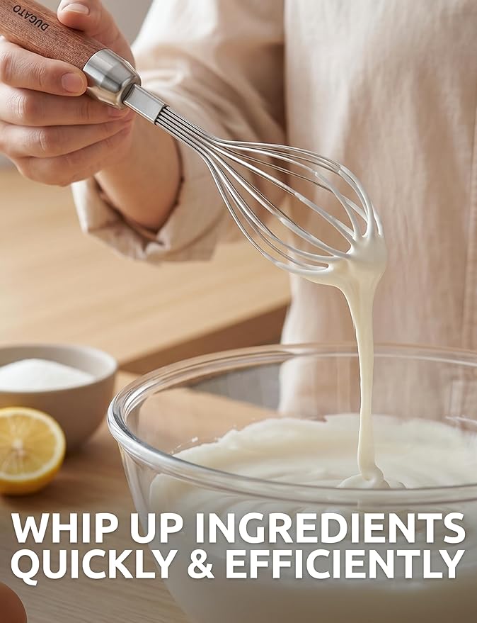 Egg Whisk, 10" Long Wire Whisk Stainless Steel, Small Balloon Whisking Tool with Wooden Handle, Perfectly Sized for 1-Cup Measuring Cups, Scrambling Eggs & Small Sauces