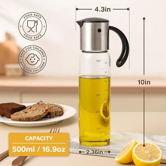 Vucchini Large Olive Oil Dispenser Bottle 17 oz - Auto Flip Condiment Container - Leakproof Vinegar Dispenser Glass Cruet Stainless Steel - Image 4