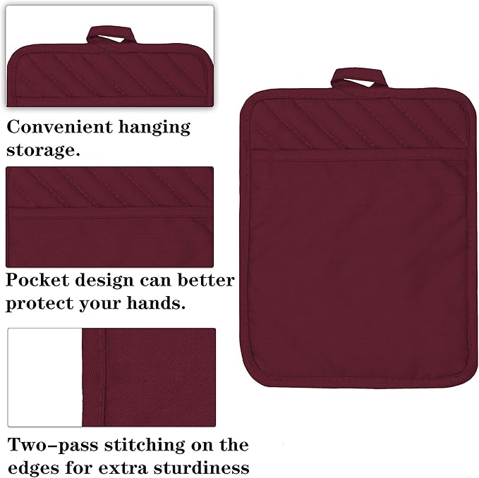 Oven Pot Holder with Pocket Cotton Heat Resistant Coaster Potholder Kitchen Hot Pad Oven Mitts for Cooking Square 7"x9"Set of 5 (Burgundy red, 5) - Image 3