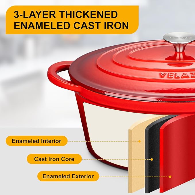Velaze 7.5 QT Enameled Oval Dutch Oven Pot with Lid, Cast Iron Dutch Oven with Dual Handles for Bread Baking, Cooking, Frying, Non-stick Enamel Coated Cookware (RED) - Image 3