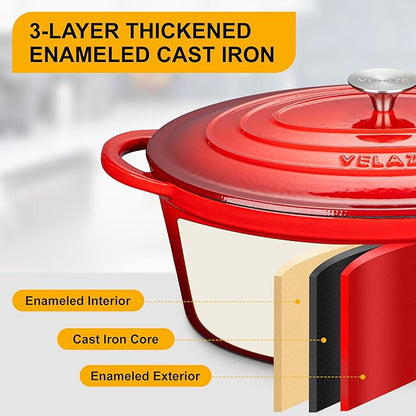 Velaze 7.5 QT Enameled Oval Dutch Oven Pot with Lid, Cast Iron Dutch Oven with Dual Handles for Bread Baking, Cooking, Frying, Non-stick Enamel Coated Cookware (RED) - Image 3