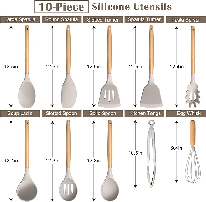 E-far Silicone Cooking Utensils Set, 10-Piece Heat Resistant Kitchen Utensils Set with Wooden Handle for Nonstick Cookware, Kitchen Nonstick Tools Spatula Whisk Tongs Ladle, Non-toxic & Healthy(Khaki) - Image 4