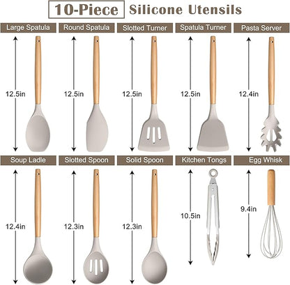 E-far Silicone Cooking Utensils Set, 10-Piece Heat Resistant Kitchen Utensils Set with Wooden Handle for Nonstick Cookware, Kitchen Nonstick Tools Spatula Whisk Tongs Ladle, Non-toxic & Healthy(Khaki) - Image 4