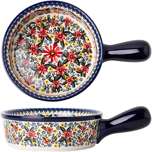 Red Daisy Flower Vintage Style Ceramic Bakeware Casserole Dish Baking Pan Lasagna Pans Baking Dish with Handles for Oven/Cooking/Kitchen-1 PCS-20 OZ by Bicuzat