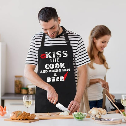 Grilling Apron - KISS THE COOK AND BRING HIM A BEER - Funny BBQ Aprons for Men Women Chef, Adjustable Kitchen Bib Apron with 2 Pockets and 40" Long Ties, Perfect for Cooking, Baking - Black