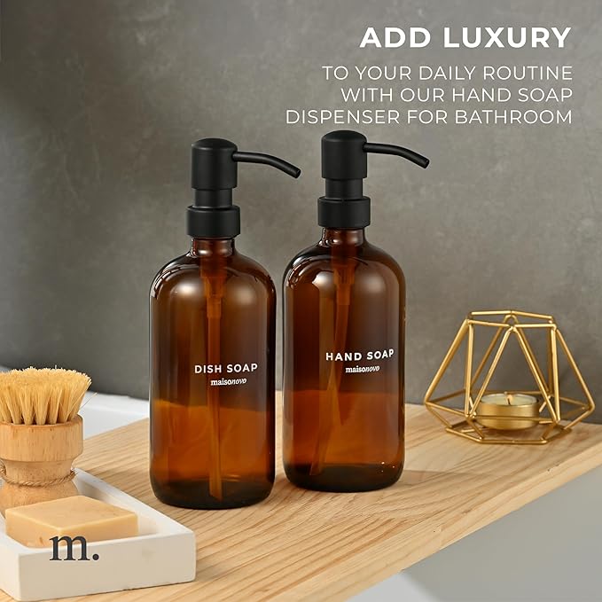 MaisoNovo Soap Dispenser 2-Piece Set | 16.9oz Amber Bottles with Black Plastic Pumps