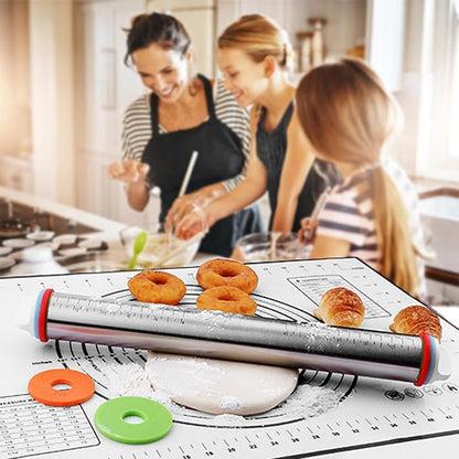 Rolling Pins, Stainless Steel Dough Roller, Rolling Pin and Silicone Baking Pastry Mat Set, Adjustable Rolling Pin with Thickness Rings for Baking Dough, Pizza, Pie, Pastries, Pasta, Cookies(Black) - Image 4