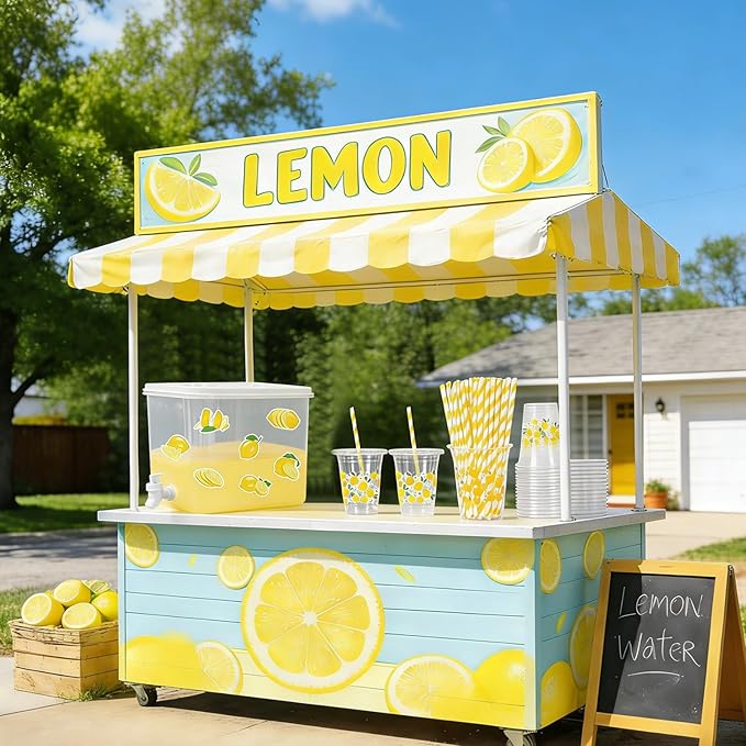 JarThenaAMCS Lemonade Stand Supplies 8.8L Plastic Drink Dispenser with Spigot 50 Sets 12 Oz Disposable Cups with Lids Straws for Water Tea Beverages Juice