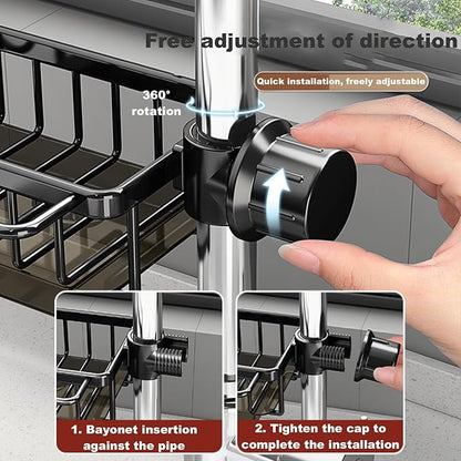Sink Organizer Rack for Kitchen and Bathroom,Stainless Steel Detachable Hanging Faucet Drain Rack with Drip Tray Faucet Sponge Holder for Bathroom (Black, L&R as One) - Image 6