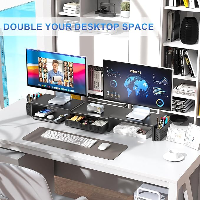 gianotter Dual Monitor Stand Riser, Desk Organizer With Drawer and 2 Pen Holders, Computer Monitor Stand, Shelf for Top of Desk, Black - Image 3